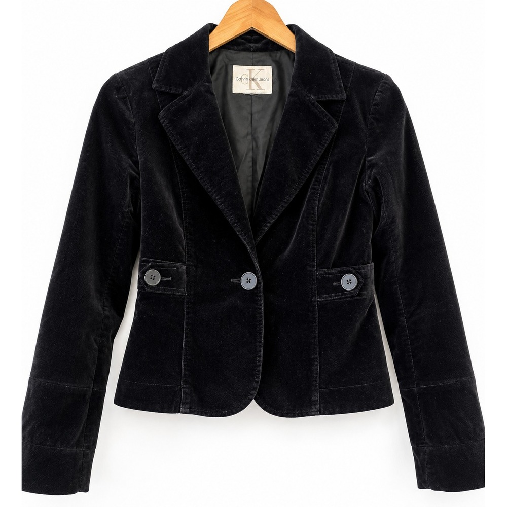 CALVIN KLEIN Sz M Blazer Suit Jacket Black Velveteen 90s Y2K Academia Preppy